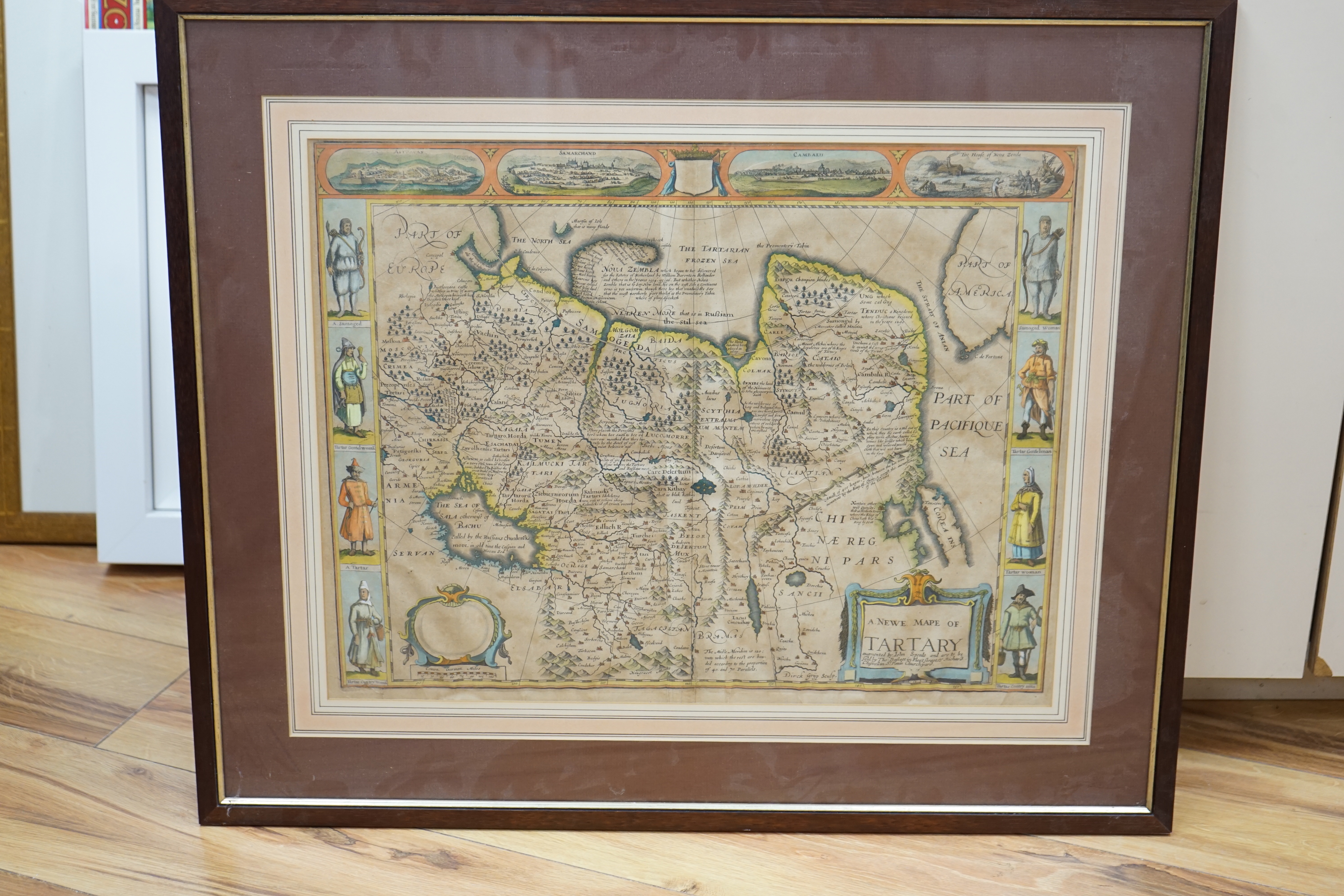 John Speed (1552-1629), hand coloured map, A Newe Mape of Tartary, sold by Thomas Bassett, Fleet Street and Richard Chiswell in the St Paul's Churchyard, 40 x 52cm